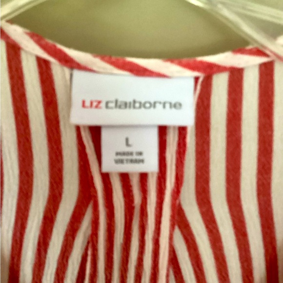 Liz Claiborne 100% rayon blouse, L, red/white vertical (slenderizing!) stripe. - Picture 3 of 6